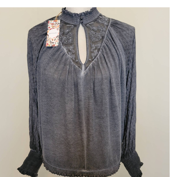 Gimmick Tops - Gimmicks Women S High Neck Dusty Gray Long Dolman Sleeve Top Romantic Lace Bead